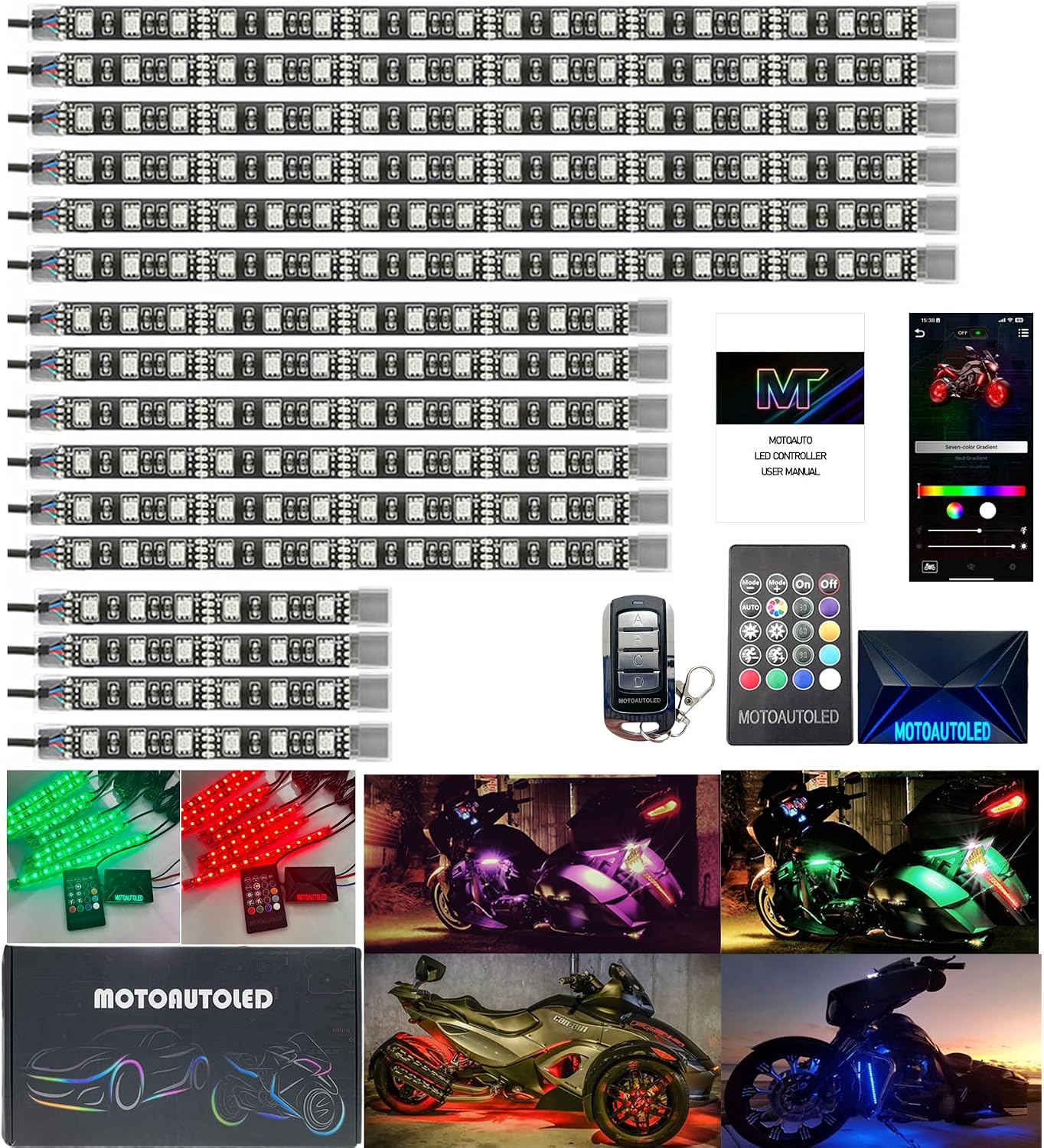 16Pcs RGB Motorcycle LED Underglow Kit Strips Waterproof Multi Color Music Accent Light APP Brake Signal Remote Control Accessories for ATV Can-Am Harley Davidson Honda Kawasaki Suzuki