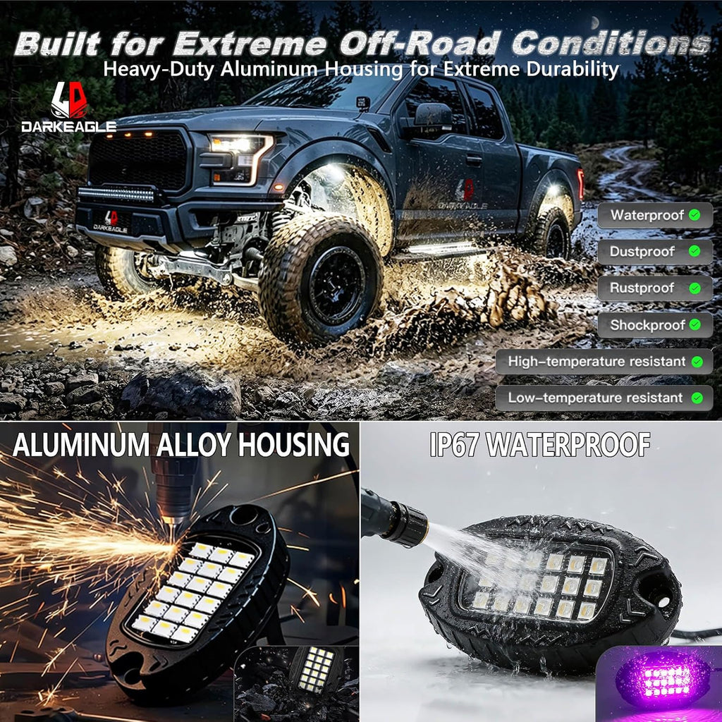 8Pods Heavy Duty Aluminum RGBW LED Rock Lights Kit for Jeep Trucks UTV ATV Golf Cart RZR SXS 4Wheeler Off-Road Vehicles, APP & RF Remote, Plug & Play Pre-Wired, Waterproof 12V Underglow Accent Light