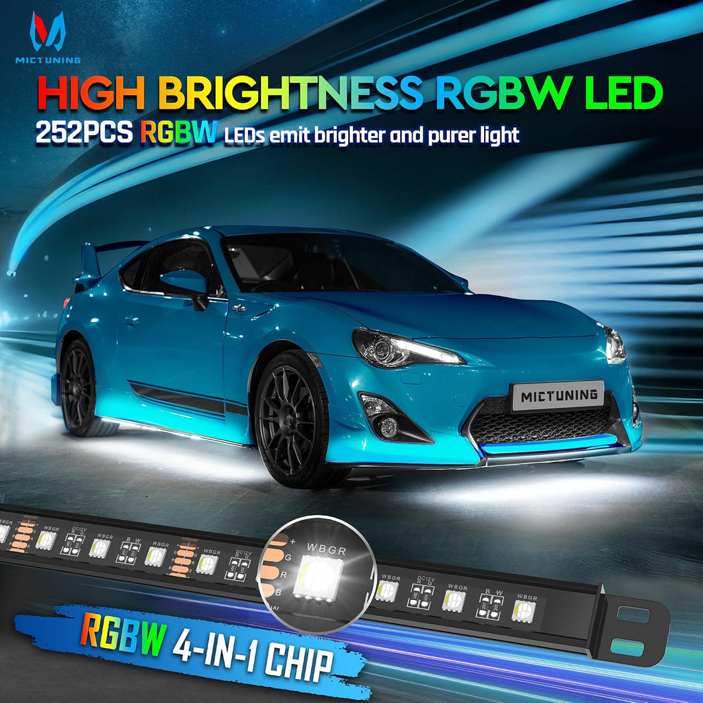MICTUNING N8 Aluminum RGBW Car Underglow Light Kit with APP & Remote Control, Multi Mode Soundsync Neon Accent Light Bar, IP68 Waterproof,Multicolor Easter Gift