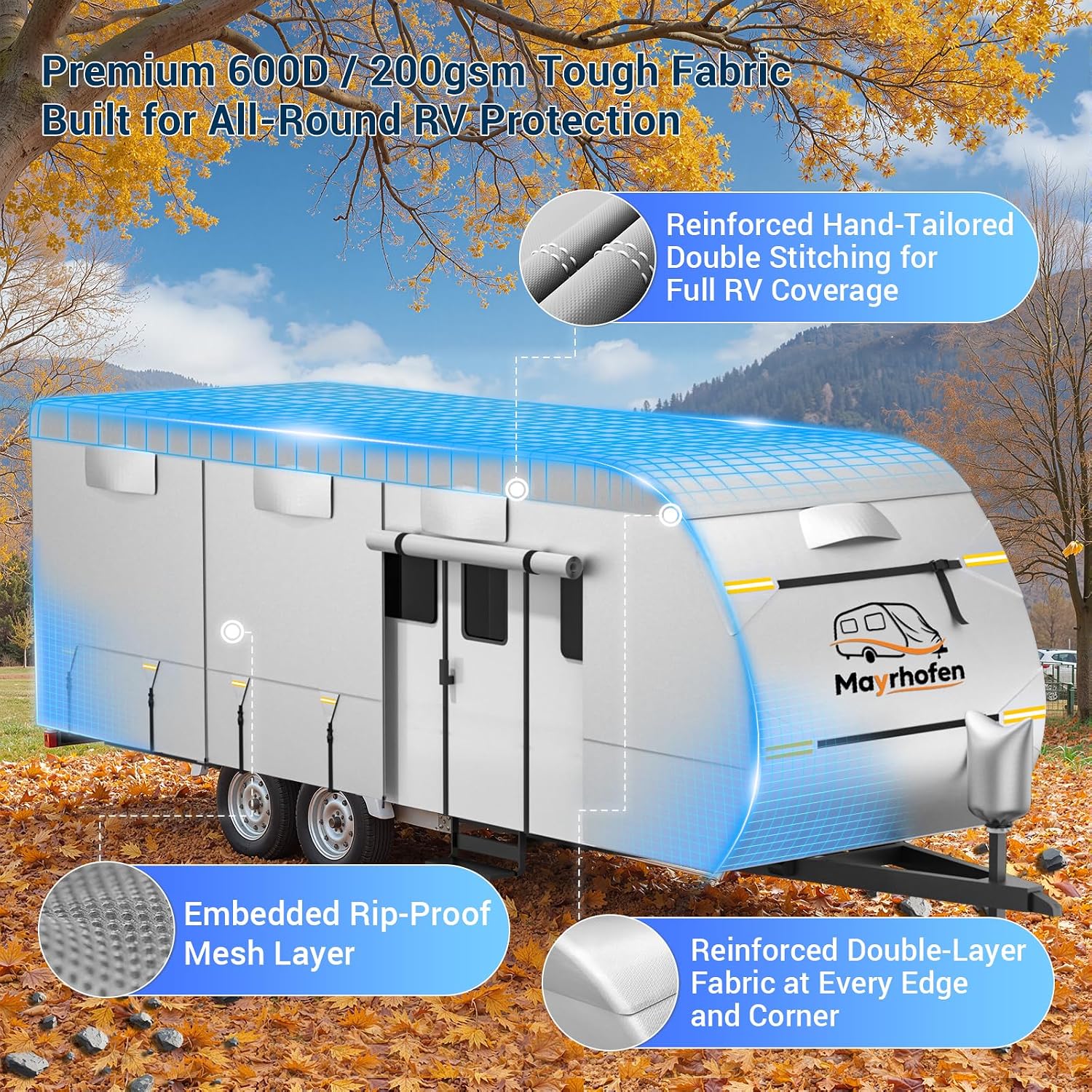 600D Oxford Fabric RV Cover 24-27ft Travel Trailer Cover, 6 Layers Waterproof Rip-Resistant Anti-UV Motorhome Camper Cover with Tongue Jack Protection, Tire Covers, Windproof Straps