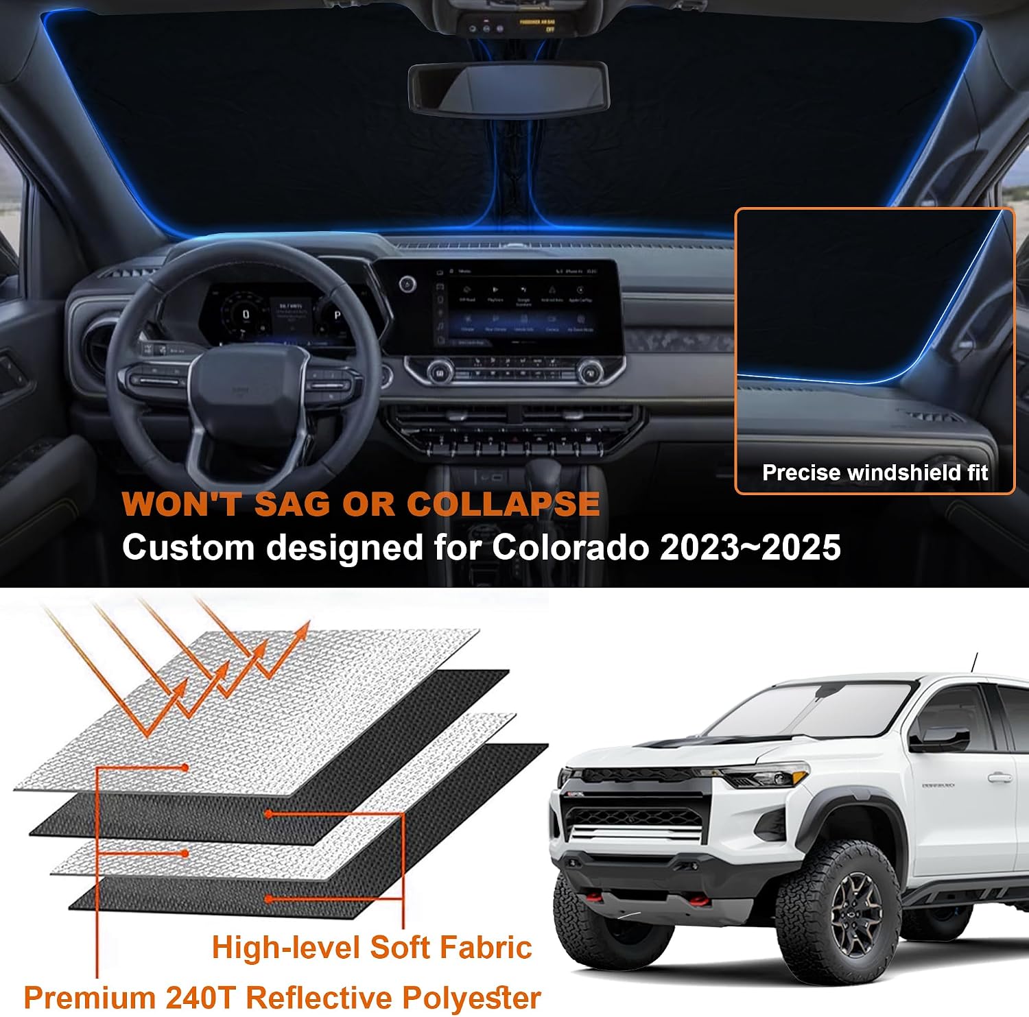 Windshield Sun Shade for Chevrolet Colorado 2023 2024 2025 2026, Foldable Front Windshield Sunshade Protector Block UV Rays for Chevy Colorado Accessories-Keep Your Vehicle Cooler