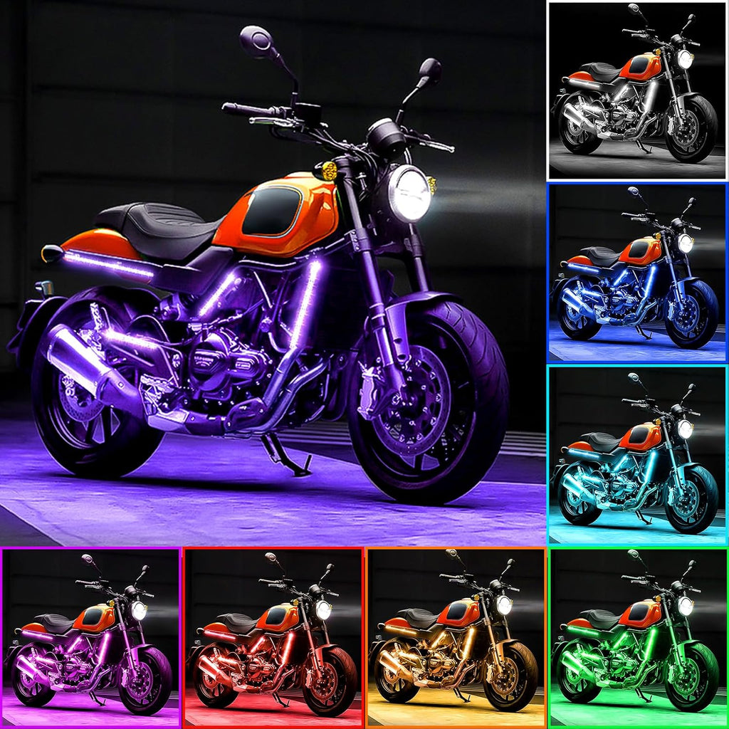 8PCS Motorcycle LED Underglow Kit, 4 Key Remote Control App Control with Two Extension Cords, Music Sync Waterproof RGB LED Motorcycle Light Kit for UTV ATV Golf Cart