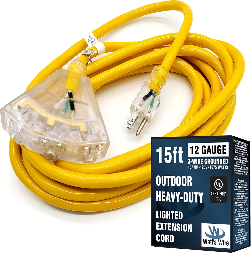 15 ft - 12 Gauge Heavy Duty Extension Cord - 3 Outlet Lighted SJTW -