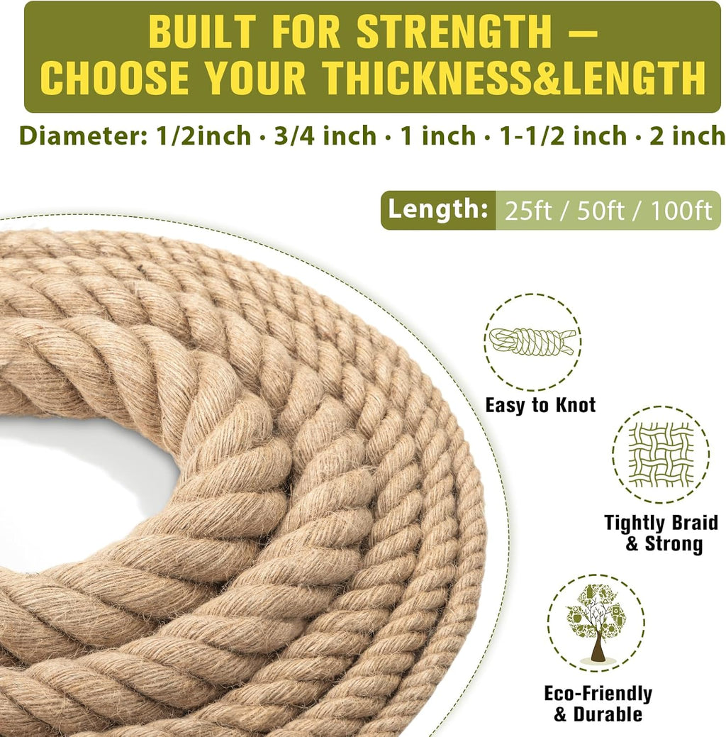 Jute Rope Heavy Duty - 1/2inch 50ft Natural Twine Twisted Manila Hemp Ropes Indoor and Outdoor Decorative Kits for Crafts Porch Swing Nautical Tug of War Deer Hunting Landscaping