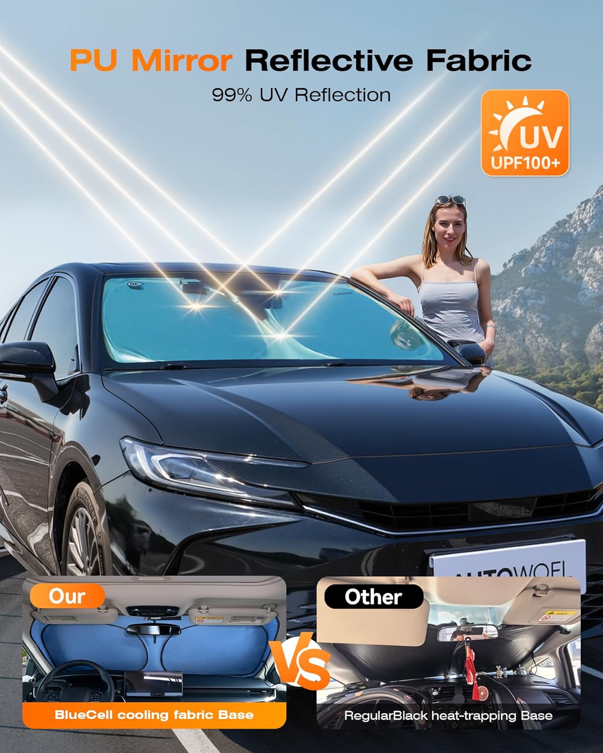 Titanium Silver Car Windshield Sun Shade, Reflective Cooling Windshield Shade Foldable, Sun Shade for Car Windshield with 99% UV Protection, for Hot Weather Parking, Cars SUVs Trucks 64"x32"