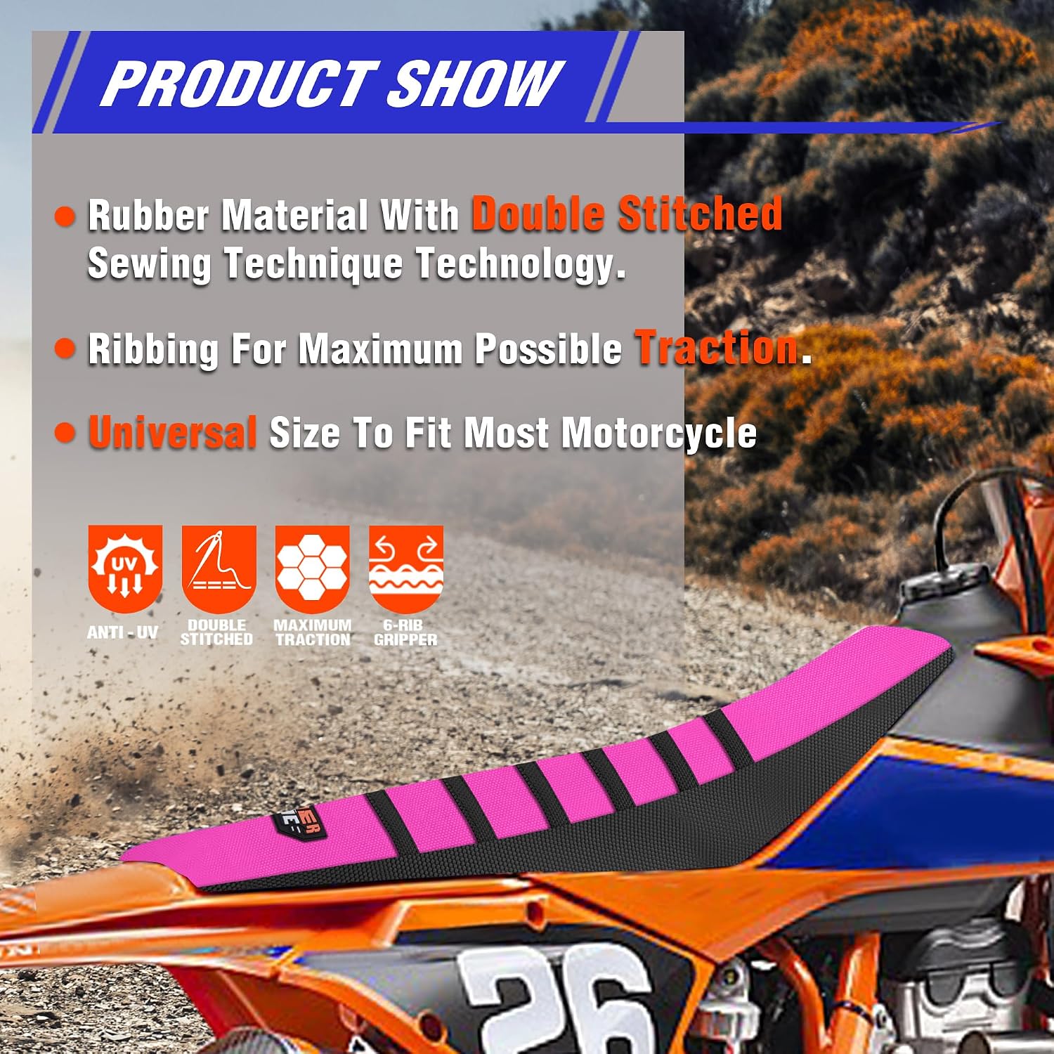 Gripper Rubber Dirt Bike Seat Cover - Universal Soft Seat Cover for Most Dirt Bike Motorcycle (Black-Pink)