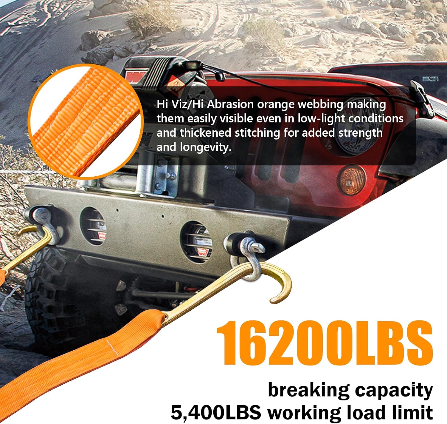 2 PCs 3" x 24" Recovery Tow V-Straps V Bridle w/15 J Hooks 5400LBS | 16200 LBS Breaking Capacity, 5/8" Forged Triangle Ring, Hi Viz/Hi Abrasion Webbing, Ideal for Wrecker Rollback Car Hauler