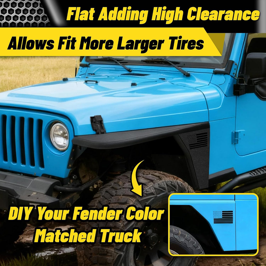MONOKING 2PCS Front Flat Fender Flares for 1997-2006 Wrangler TJ, 2004-2006 Wrangler LJ 2/4 Door High Clearance Off-Road Heavy Duty Wheel Cover Paintable Carbon Steel No-Drill Bolt-On