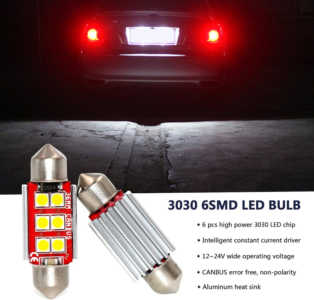 PHINLION 6418 36mm Festoon White LED Bulbs, Super Bright 500 Lumens 3030 6-SMD Canbus C5W 6461 DE3425 DE3423 LED Replacement for Car Interior Map Dome Trunk License Plate Lights, Pack of 2