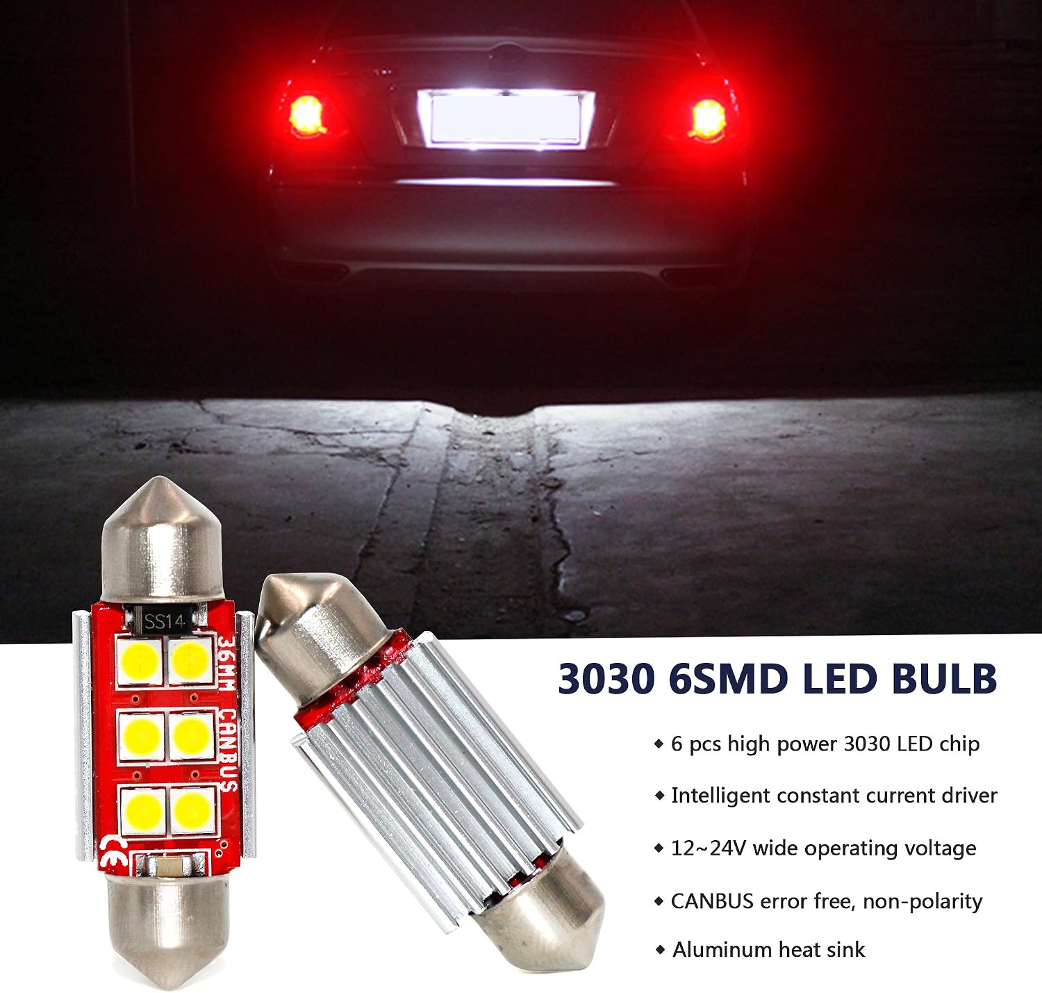 PHINLION 6418 36mm Festoon White LED Bulbs, Super Bright 500 Lumens 3030 6-SMD Canbus C5W 6461 DE3425 DE3423 LED Replacement for Car Interior Map Dome Trunk License Plate Lights, Pack of 2