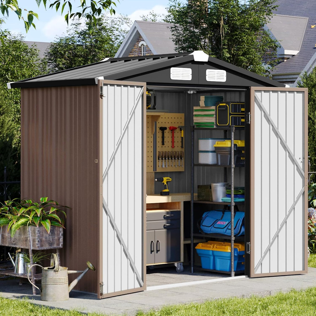 aoxun 6x4 ft outdoor storage shed, brown, main product view