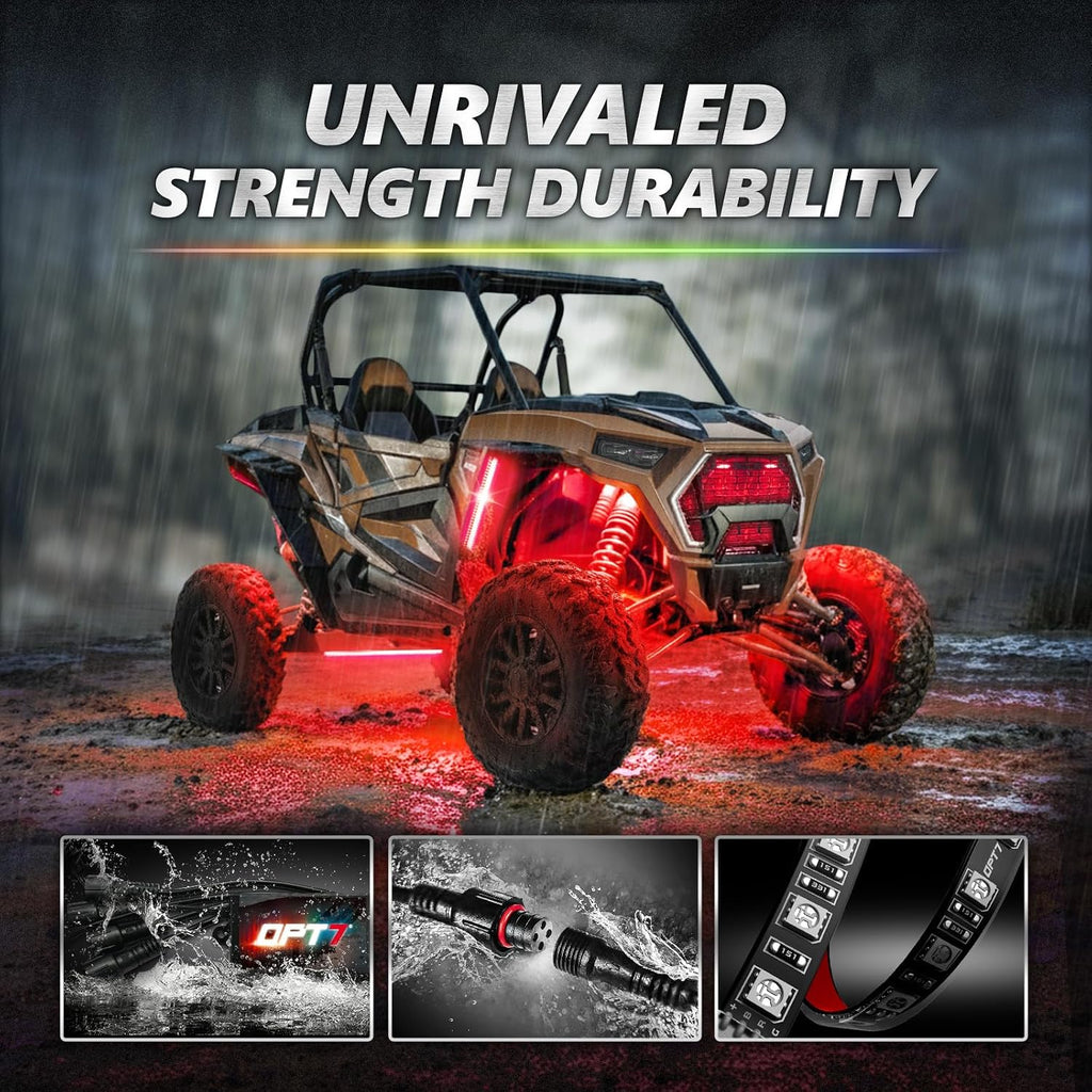OPT7 Aura RGB LED Light Kit for Motorcycle, ATV, UTV & Snowmobile | App & Remote Controlled Multicolor Underglow Lighting, Waterproof LED Strips, Music Sync, Universal 12V Powersports Accent Lights