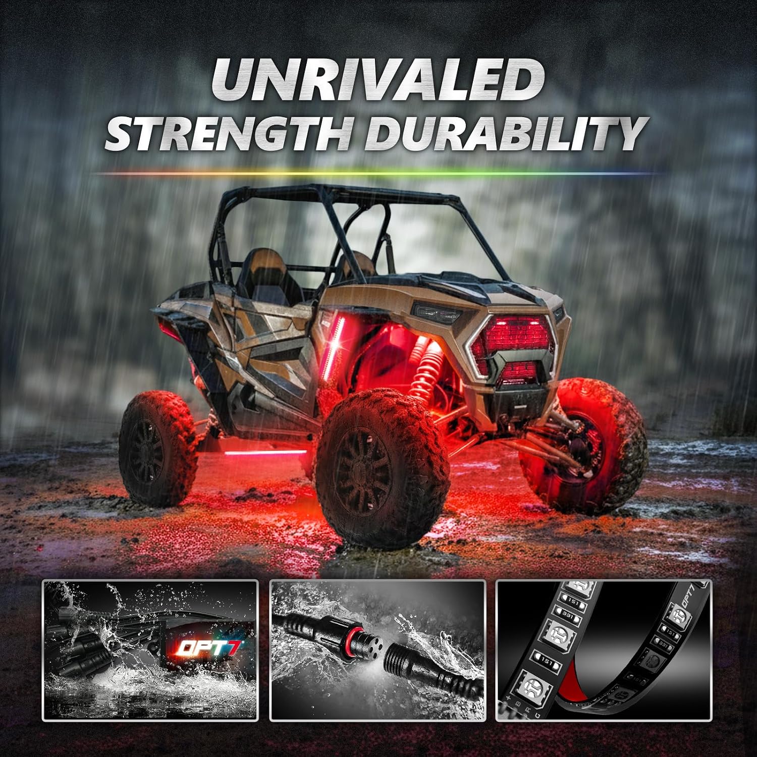 OPT7 Aura RGB LED Light Kit for Motorcycle, ATV, UTV & Snowmobile | App & Remote Controlled Multicolor Underglow Lighting, Waterproof LED Strips, Music Sync, Universal 12V Powersports Accent Lights