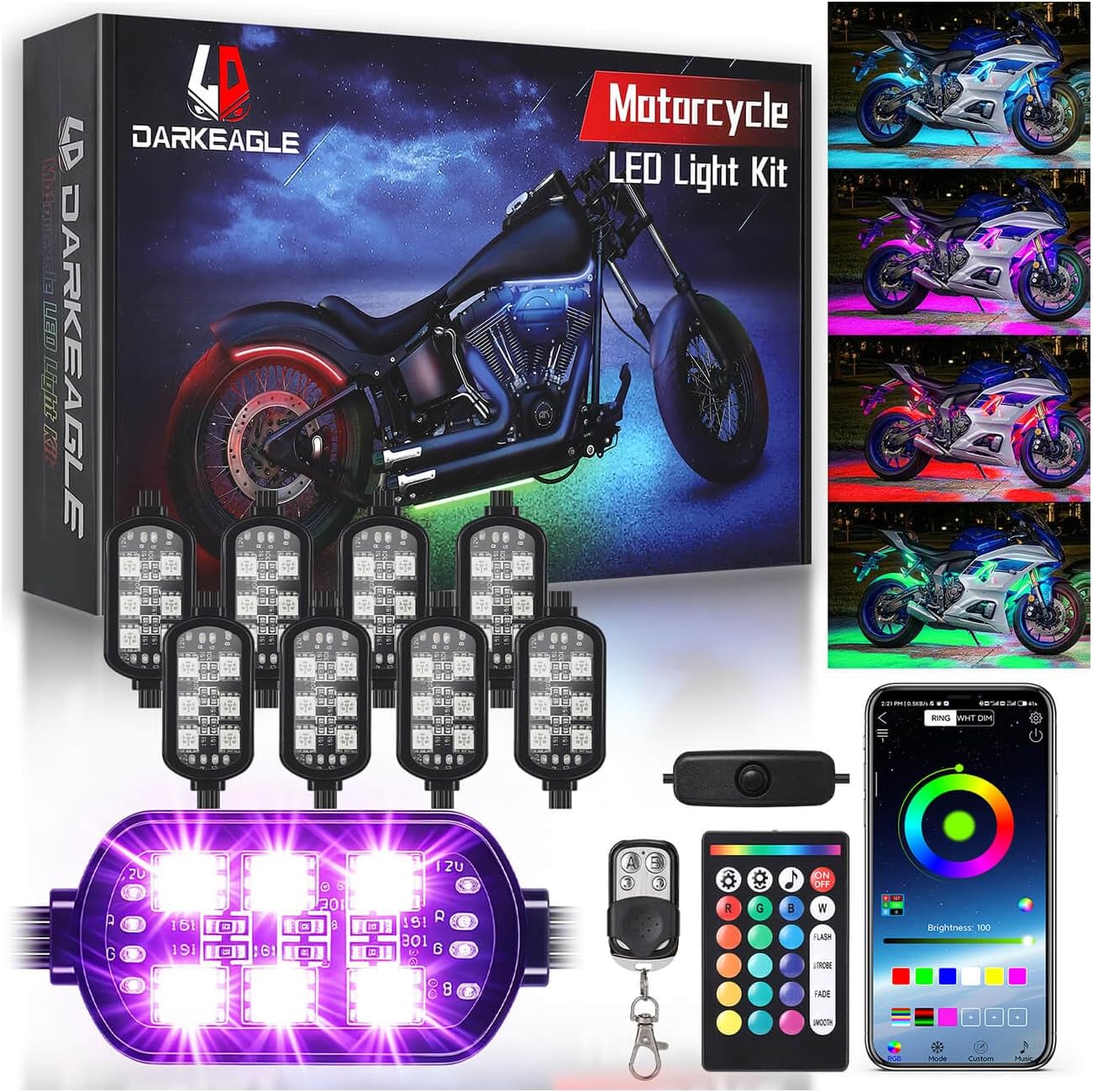 8PCS Motorcycle RGB LED Accent Lights with APP & RF Remote, Waterproof Frame & Engine Underglow Pods with Brake Turn Signal, 12V for Harley, Cruiser, Street, Sport Bike, Dirt Bike