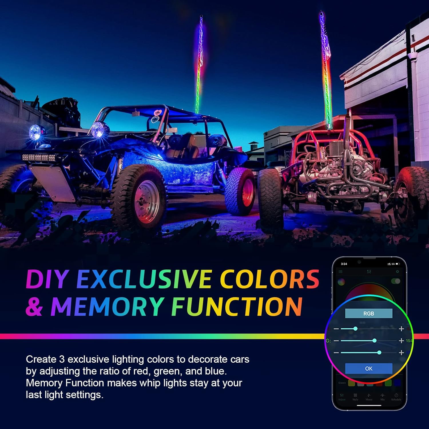 Ehaho 2 Pack 3FT Whip Lights with Spring Base,LED Whip Light with App & Remote Control, Spiral RGB Chasing Lighted Whips with Rocker Switch, Music Whip Light for UTV ATV Polaris RZR Can-Am SXS Truck