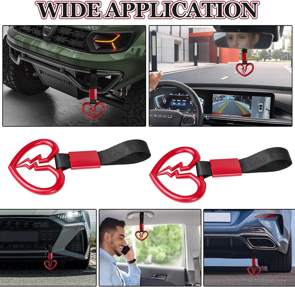 Wuyaoyao 2PCS Broken Heart Handle Ring for Car, Heart Shaped Handle Straps, Hand Strap Grab Handles Hang Ring for Car Bus Subway, Drift Charm Rear Bumper Warning Interior Decoration (Red)