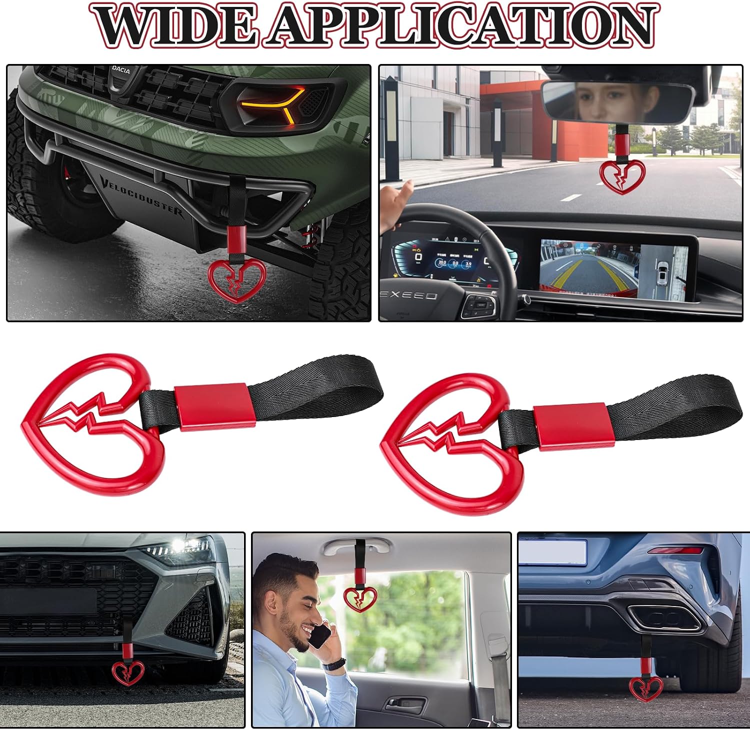 Wuyaoyao 2PCS Broken Heart Handle Ring for Car, Heart Shaped Handle Straps, Hand Strap Grab Handles Hang Ring for Car Bus Subway, Drift Charm Rear Bumper Warning Interior Decoration (Red)