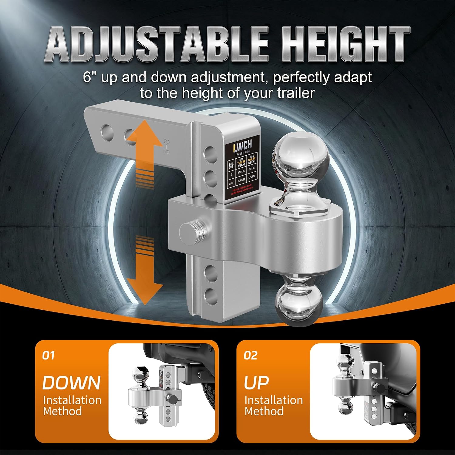 Adjustable Trailer Hitch, Fit 2 Inch Receiver, 12,500 LBS GTW, Heavy Duty Aluminum Drop Hitch with 2" & 2-5/16" Chrome Plated Steel Ball Mounts for Trucks, 6 Inch Drop/Rise, 2 Anti-Theft Pins