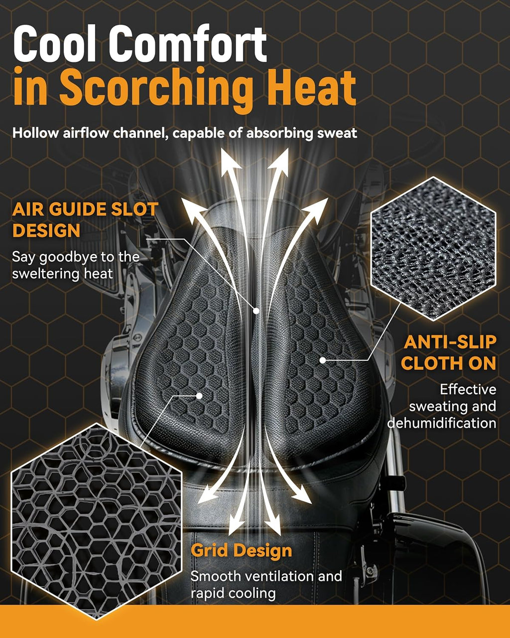 Seat Cushion with Cover - Foldable 3D Motorcycle Gel Seat Cushion, Comfort & Butt Protection for Long Rides, Non-Slip Shock Absorbing, Stay Cool & Comfortable(Cushion with Cover)