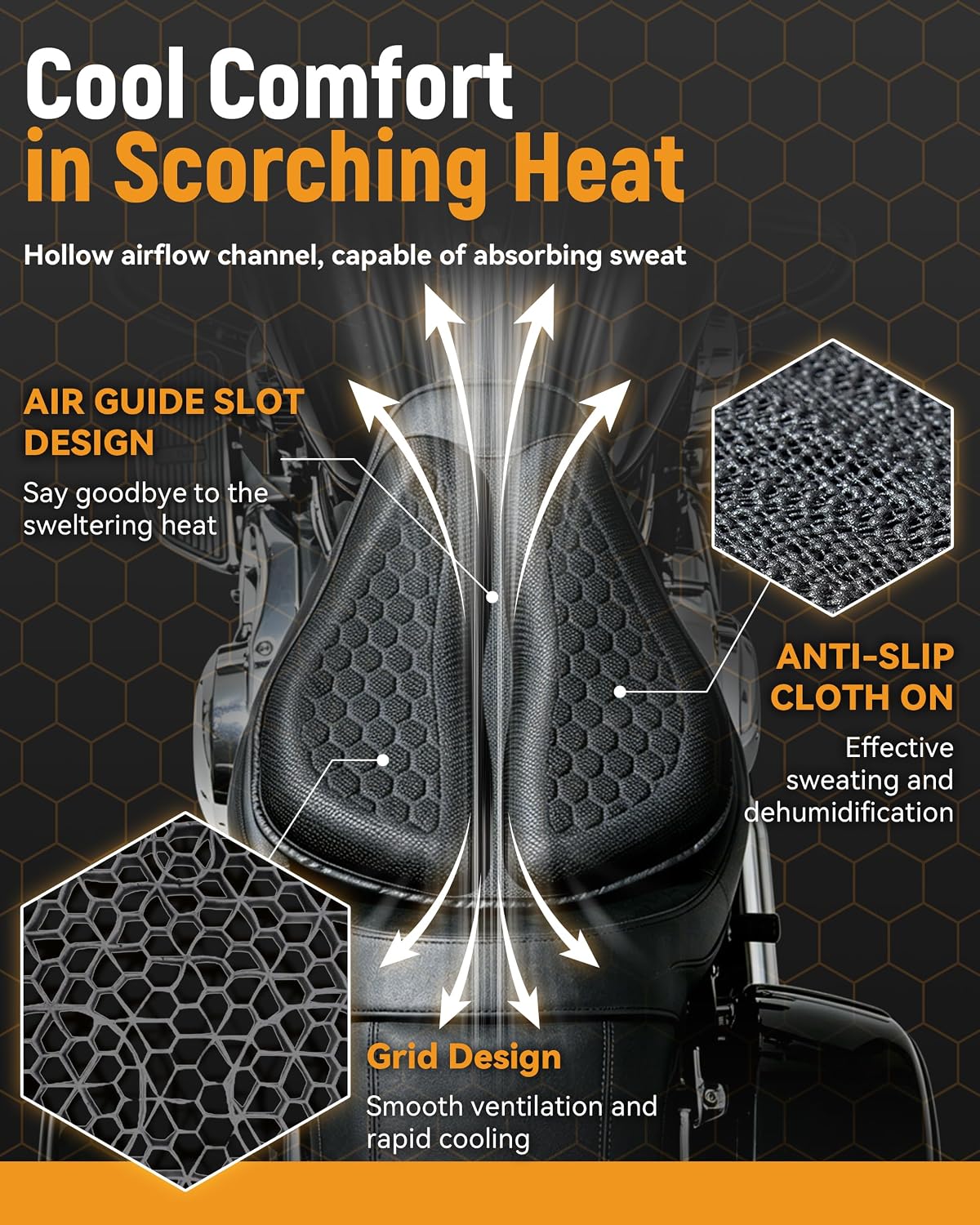 Seat Cushion with Cover - Foldable 3D Motorcycle Gel Seat Cushion, Comfort & Butt Protection for Long Rides, Non-Slip Shock Absorbing, Stay Cool & Comfortable(Cushion with Cover)