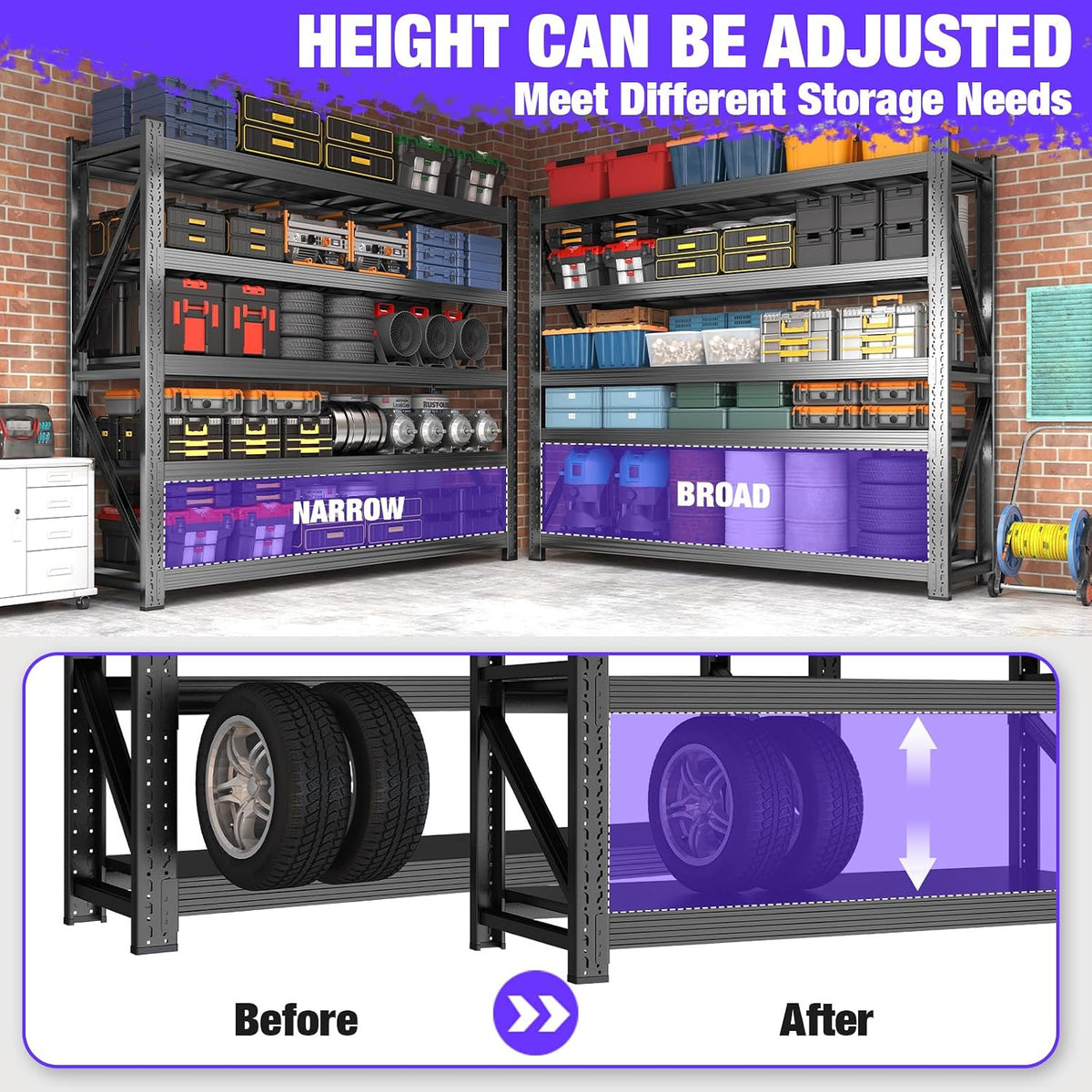 metal garage shelving unit, heavy duty 5-tier adjustable, side view