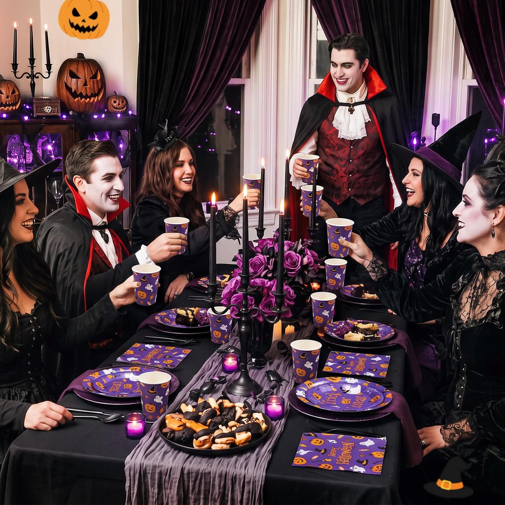 250 Pcs Halloween Party Supplies, Paper Plates Napkins and Cups, Purple