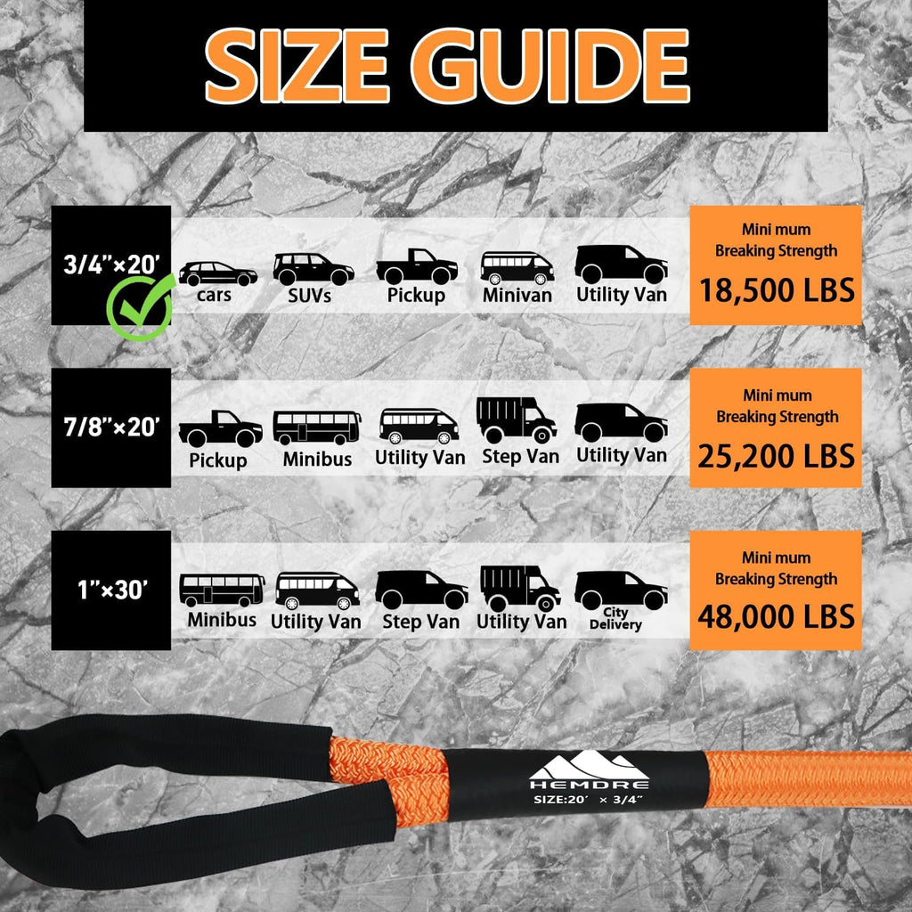 Heavy Duty Kinetic Recovery Rope 18,500 lbs, Nylon Tow Ropes for Trucks SUV | 35% Stretchable 3/4'' x 20ft Kinetic Recovery Tow Rope with Reflectie Vest, Off Road Tow Strap for Jeep UTV ATV, Tangerine
