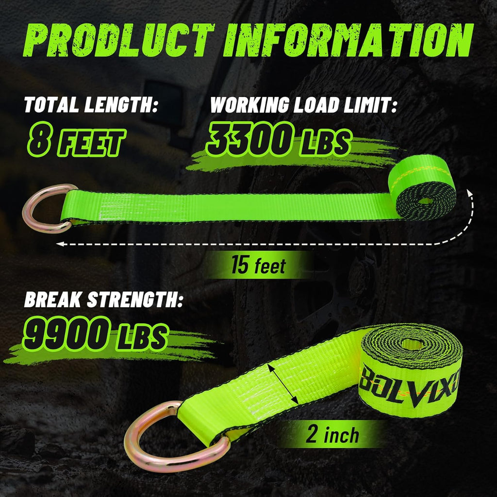 8 Pack 2" x 96" Lasso Strap - 9900LBS Break Strength - D Ring Auto Tie Down for Wheel Lift, Trailer, Tow Truck (Green)