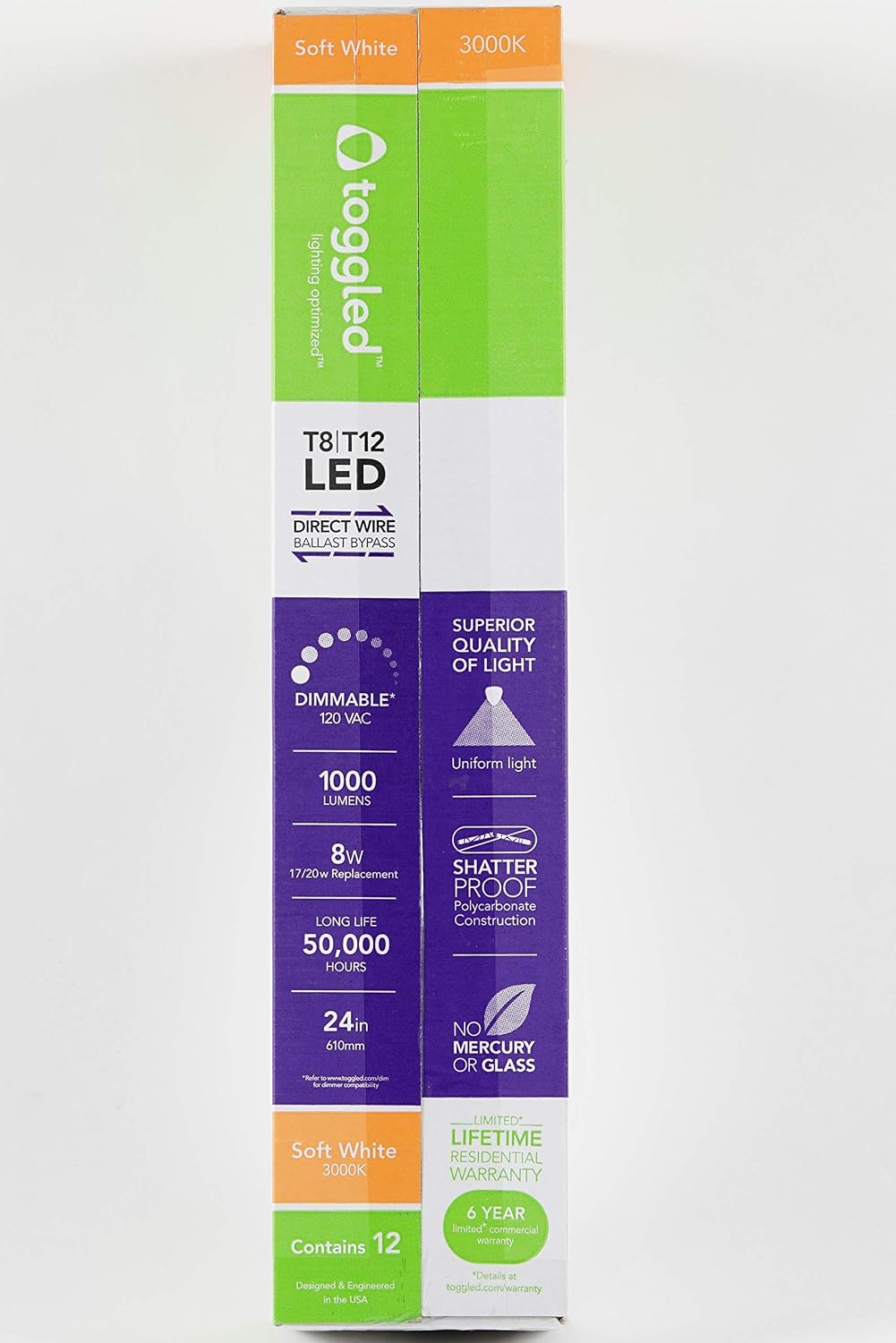 TOGGLED (12-Pack 2 ft., Dimmable Direct-Wire LED Tube, 3000K (Soft White)