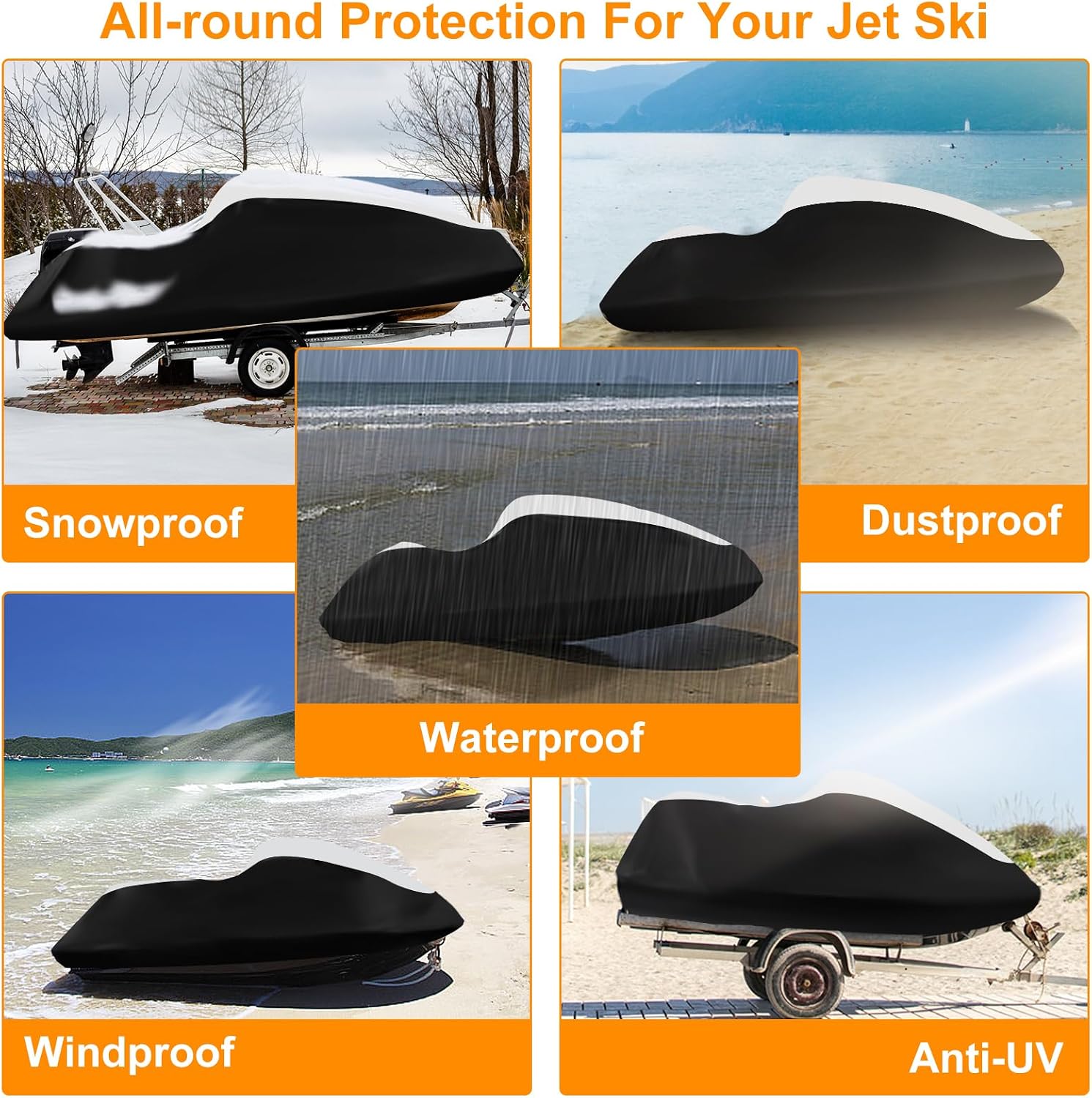 Jet Ski Cover 3 Seater,Upgraded 420D Heavy Duty Waterproof Waverunner Cover,2 Air Vent Marine Grade UV Resistant for Waverunner Polaris from 116" to 125"(Silver Black)