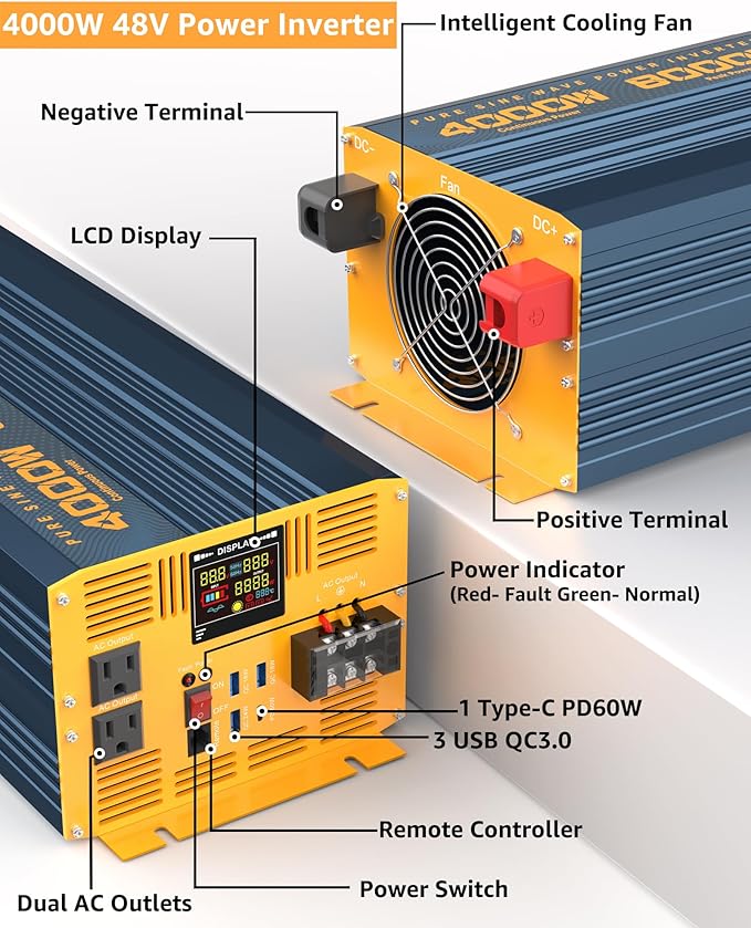 4000W Pure Sine Wave Power Inverter DC 48V to AC 110V 120V - Image 2