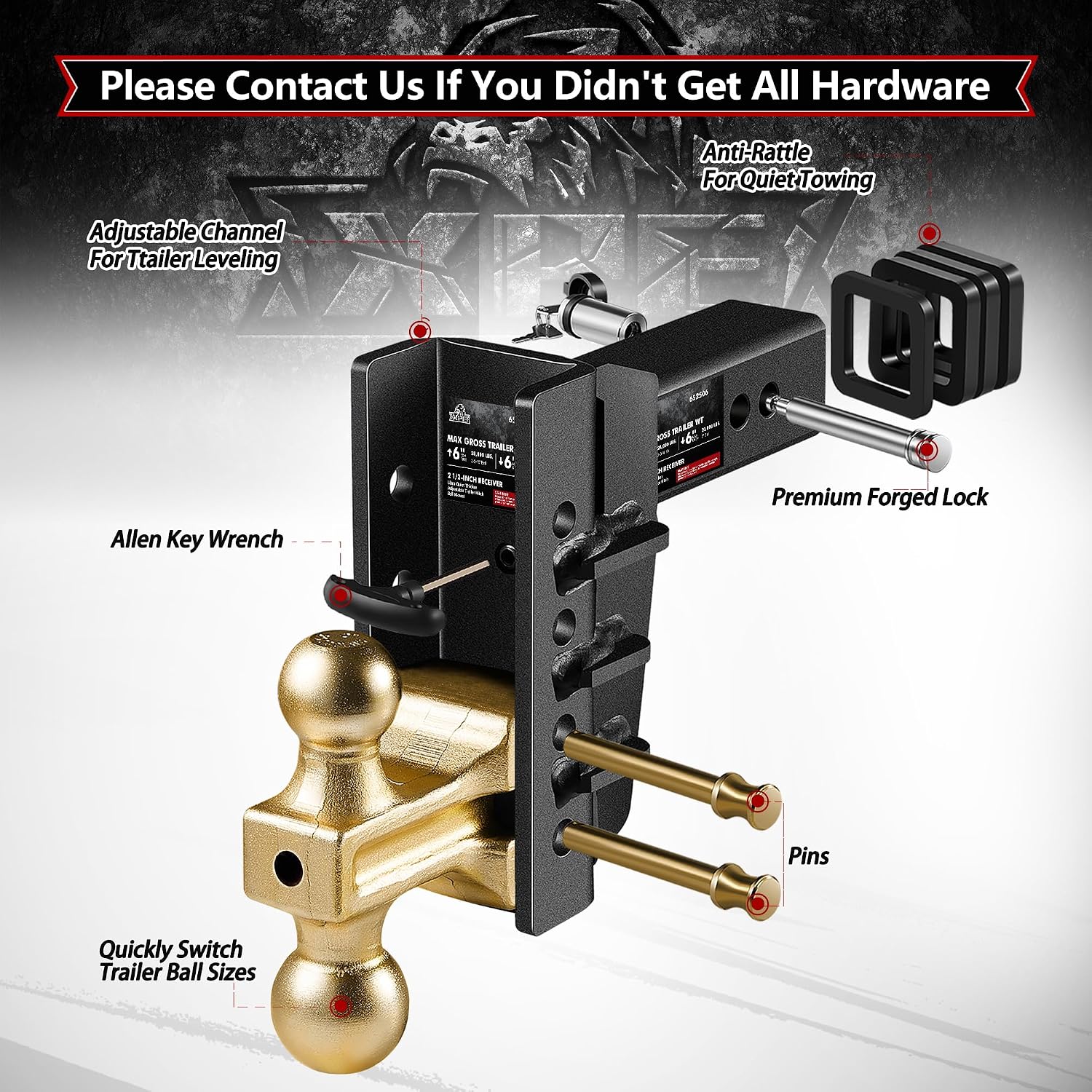XPE Adjustable Trailer Hitch Fits 2.5-Inch Receiver,6-Inch Drop/Rise,2"&2-5/16" Ball Hitches with 28,000 LBS GTW for Heavy Duty Truck,Solid Ball Mount,BLK,652506-1