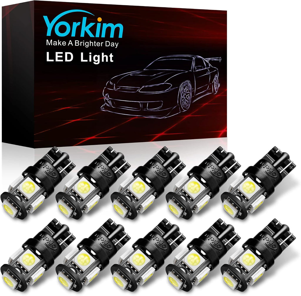 Yorkim 194 LED Bulb 6000K White, T10 168 2825 W5W Non-Polarity Mini Wedge, Interior Car Bulbs Replacement 10 Pack for License Plate Dome Map Trunk Cargo Lights