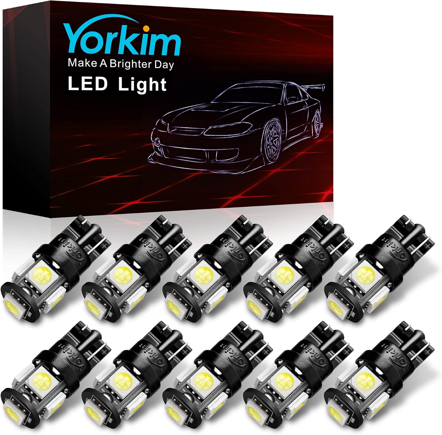 Yorkim 194 LED Bulb 6000K White, T10 168 2825 W5W Non-Polarity Mini Wedge, Interior Car Bulbs Replacement 10 Pack for License Plate Dome Map Trunk Cargo Lights