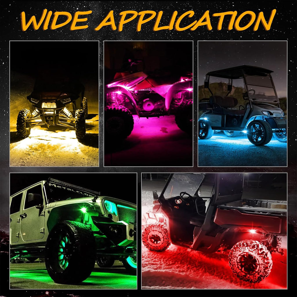 RGB Rock Light Kits, Niwaker 4 Pods LED Rock Lights with Bluetooth Control Multicolor Neon LED Lights RGB Underglow Lights for Truck UTV ATV SUV Off Road Side by Side Polaris Can-am Kawasaki Boat