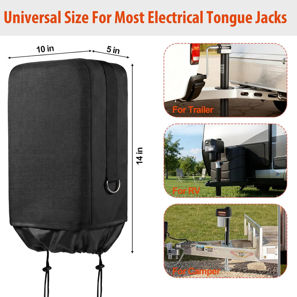 RV Electric Tongue Jack Cover with D Rings - 600D Oxford Fabric Universal Trailer Electric Tongue Jack Protective - Heavy-Duty Waterproof Hitch Cover for Outside RV Parts Camper Accessories