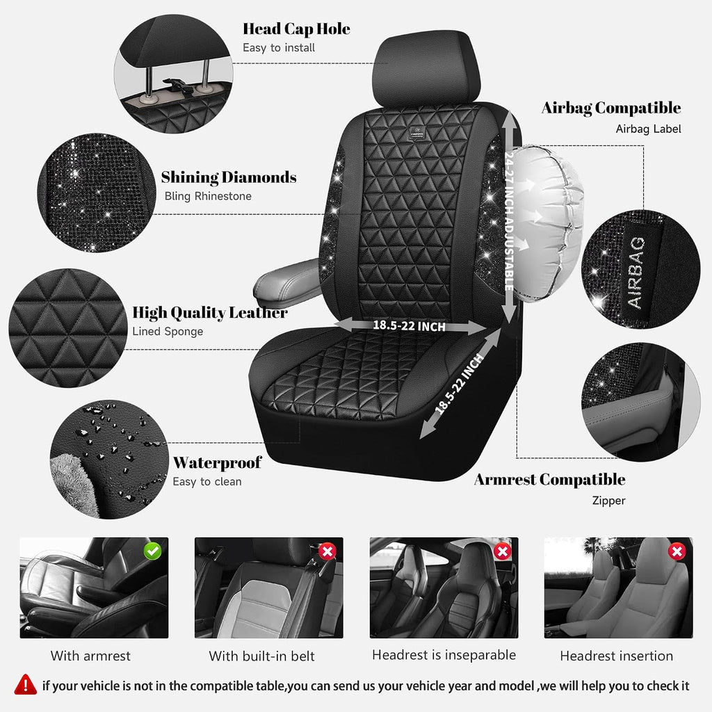 car pass bling diamond black leather car seat, close-up detail