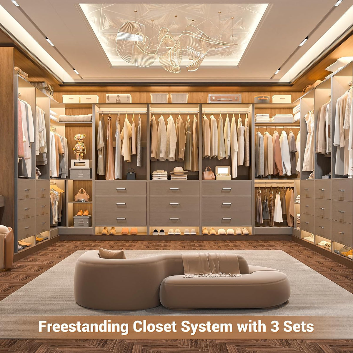 aheaplus closet system with 6 drawers, 4 hanging showing dimensions