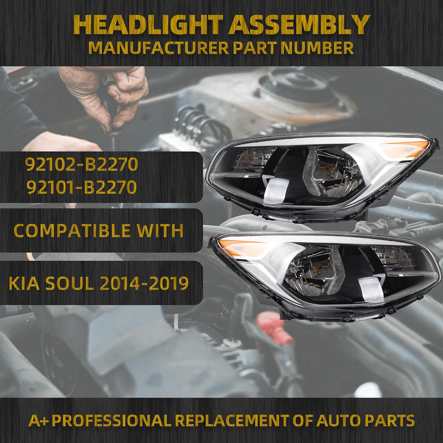 Dasbecan Halogen Headlight Compatible With Kia Soul 2014-2019 Left+Right Side Headlights Assembly Chrome Housing Replaces# 92101B2270 92102B2270 KI2502167 KI2503167(W/O Bulbs)
