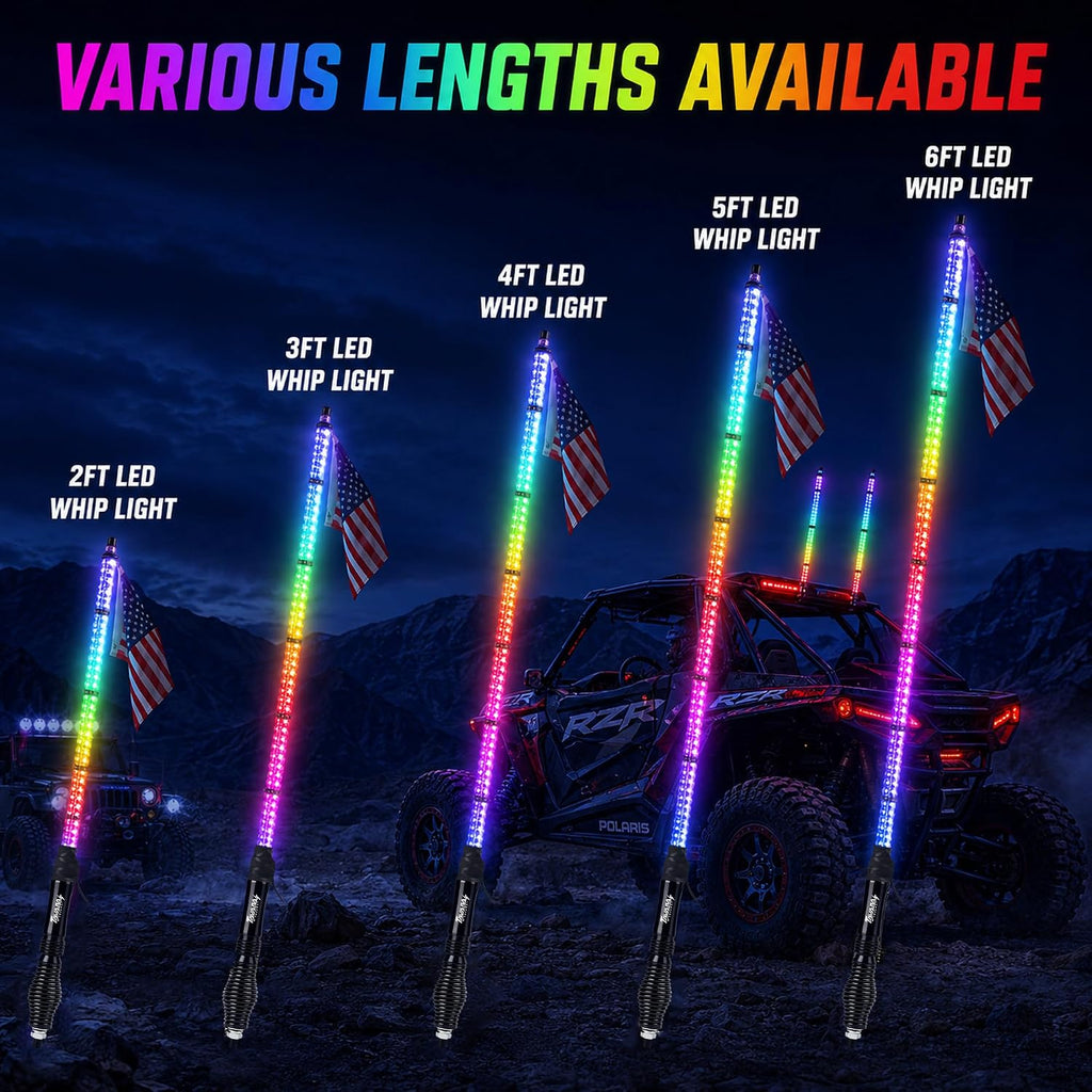Tavaray 2FT LED Whip Lights 2-Pack with Spring Base, App & Remote Control Spiral Chasing Lighted Whips, Waterproof Off-Road Flag Lights for UTV ATV SXS