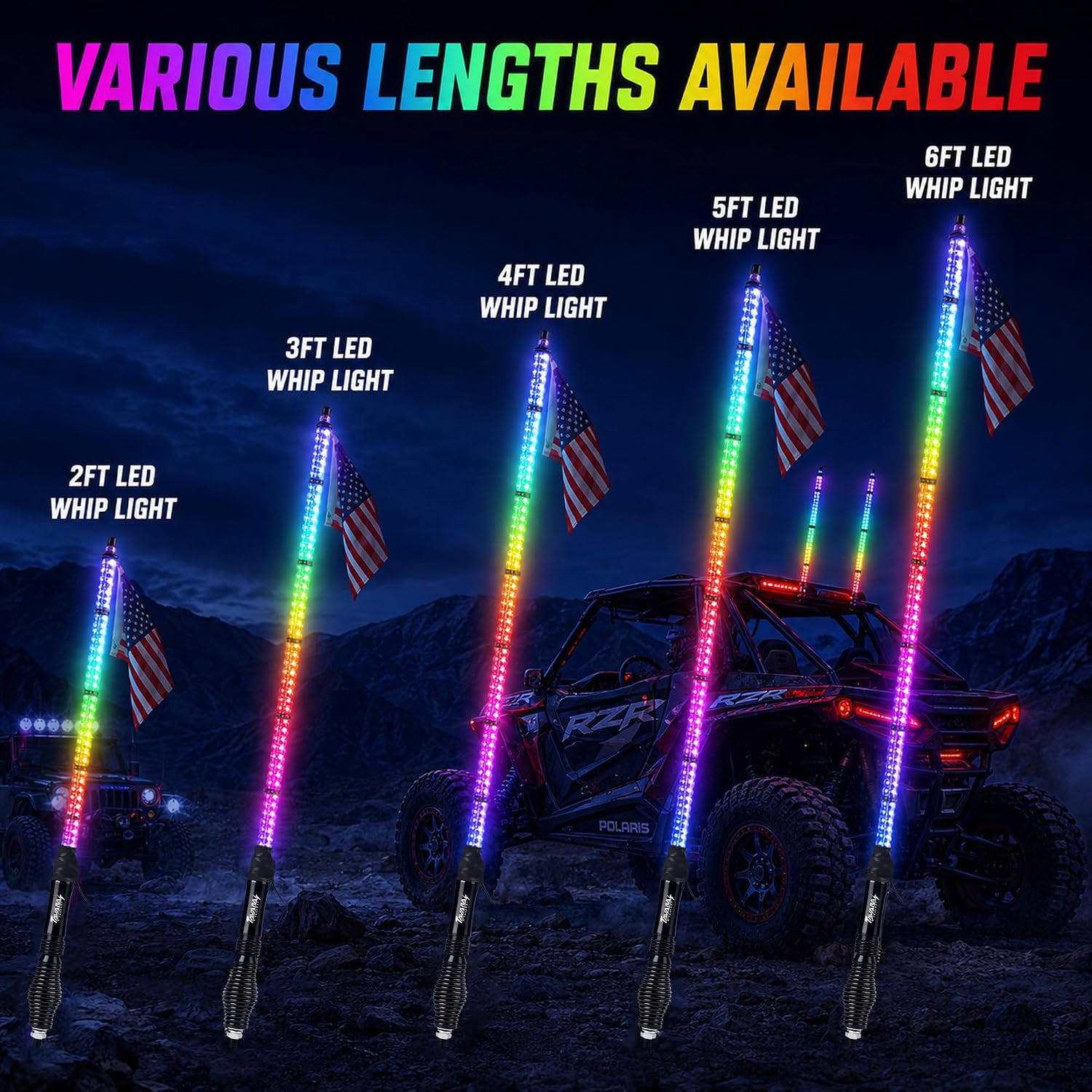 Tavaray 2FT LED Whip Lights 2-Pack with Spring Base, App & Remote Control Spiral Chasing Lighted Whips, Waterproof Off-Road Flag Lights for UTV ATV SXS