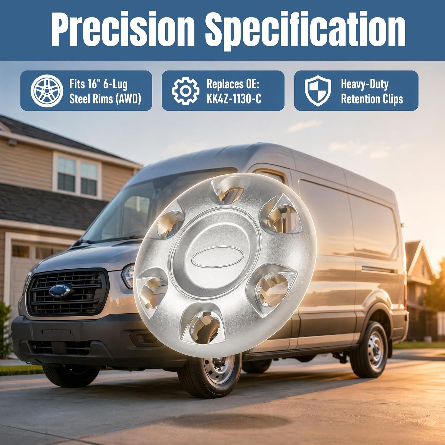 16" Sparkle Silver Wheel Center Cap, 6 Lug Holes, for Ford Transit 150 250 350 AWD 2019-2026, Replaces Part KK4V-1130-AB, Set of 4
