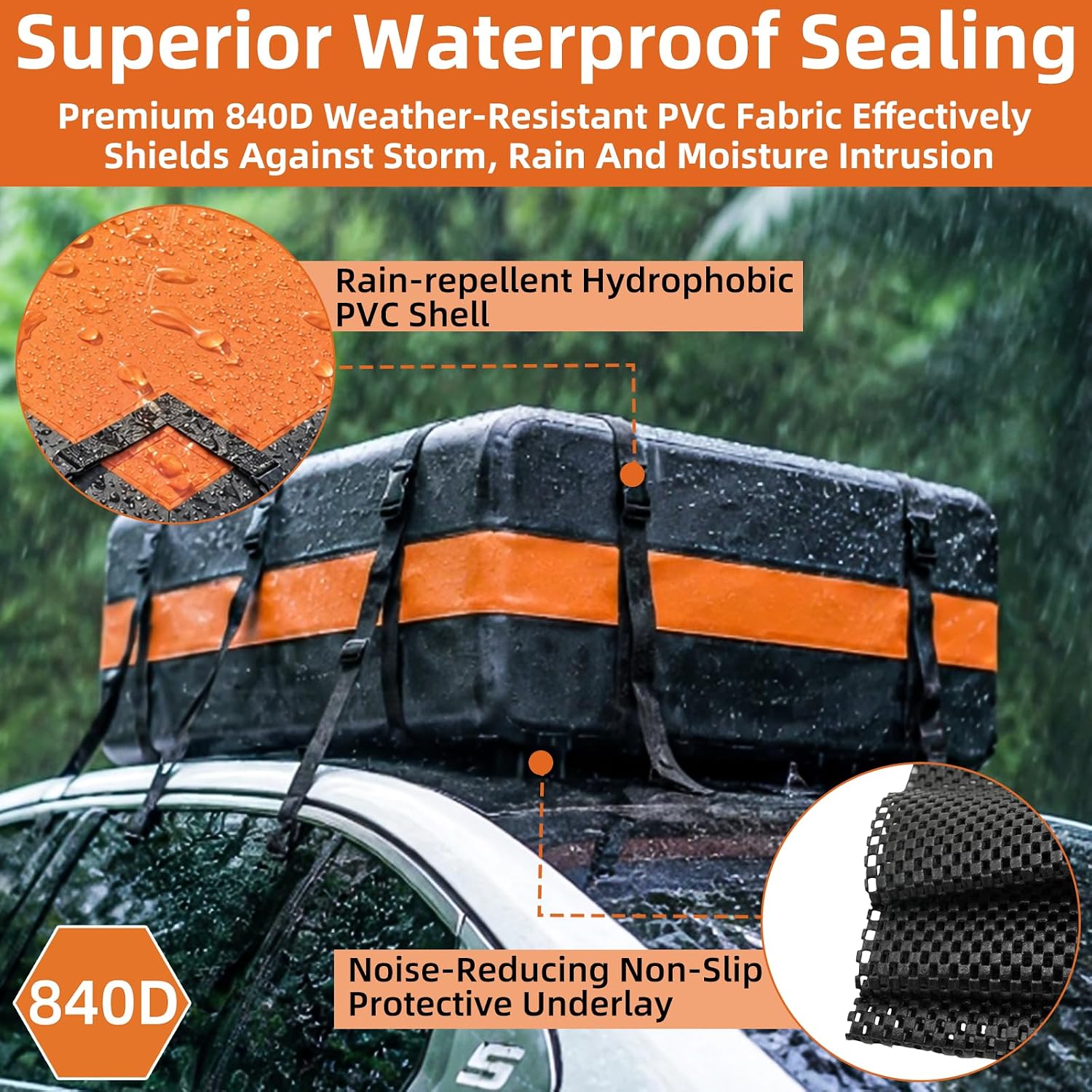 21 Cubic Feet Rooftop Cargo Carrier Bag, Waterproof Heavy Duty Car Roof Bag for SUV Pickup Truck with/Without Roof Racks, Travel Camping Roof Top Luggage Storage with Anti-Slip Mat (Black Orange)