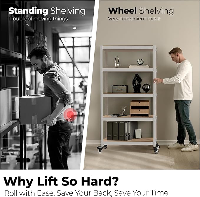 HOMEDANT House White 5-Tier Metal Rolling Cart Shelf Rack Casters Heavy Duty - Image 3