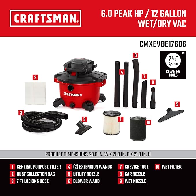 CRAFTSMAN CMXEVBE17606 12 Gallon 6.0 Peak HP Wet Dry Vac - Image 3