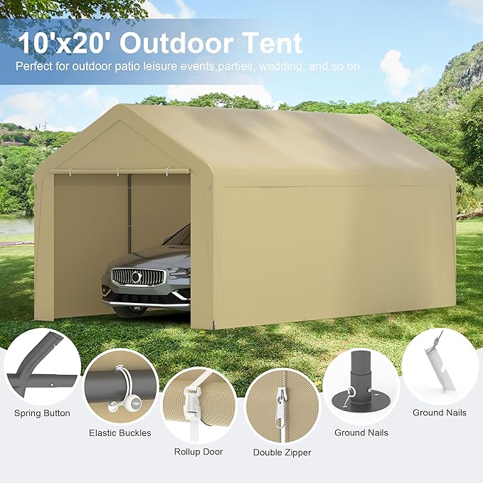 Carport, 10‘ x 20’ Heavy Duty Portable Garage All-Season Car Canopy w/Removable - Image 3