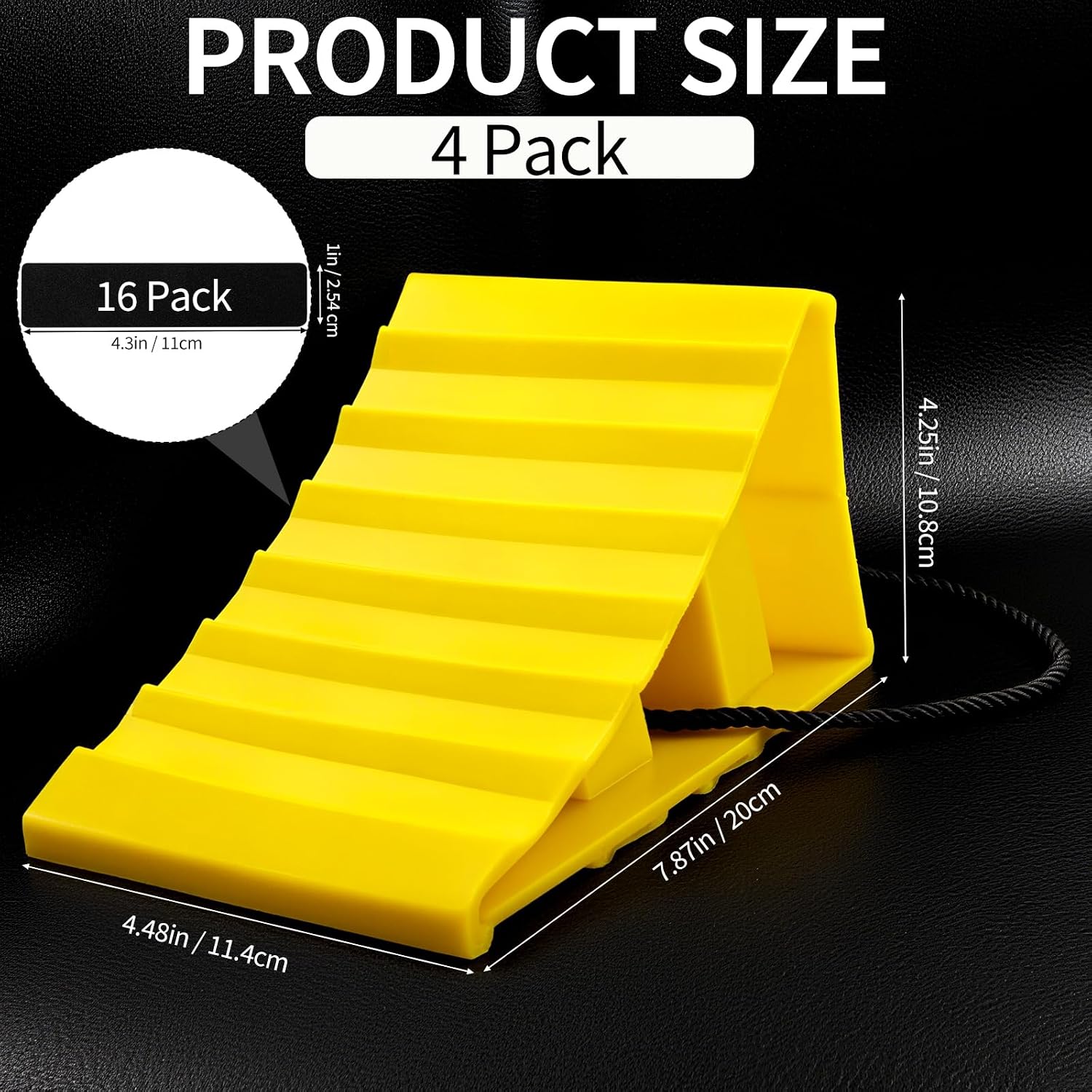4 Pack Wheel Chocks, Wheel Chocks with Rope, Plastic Hard Wheel Stoppers Block for Camper Cars, RV Trailer, Trucks (Yellow)