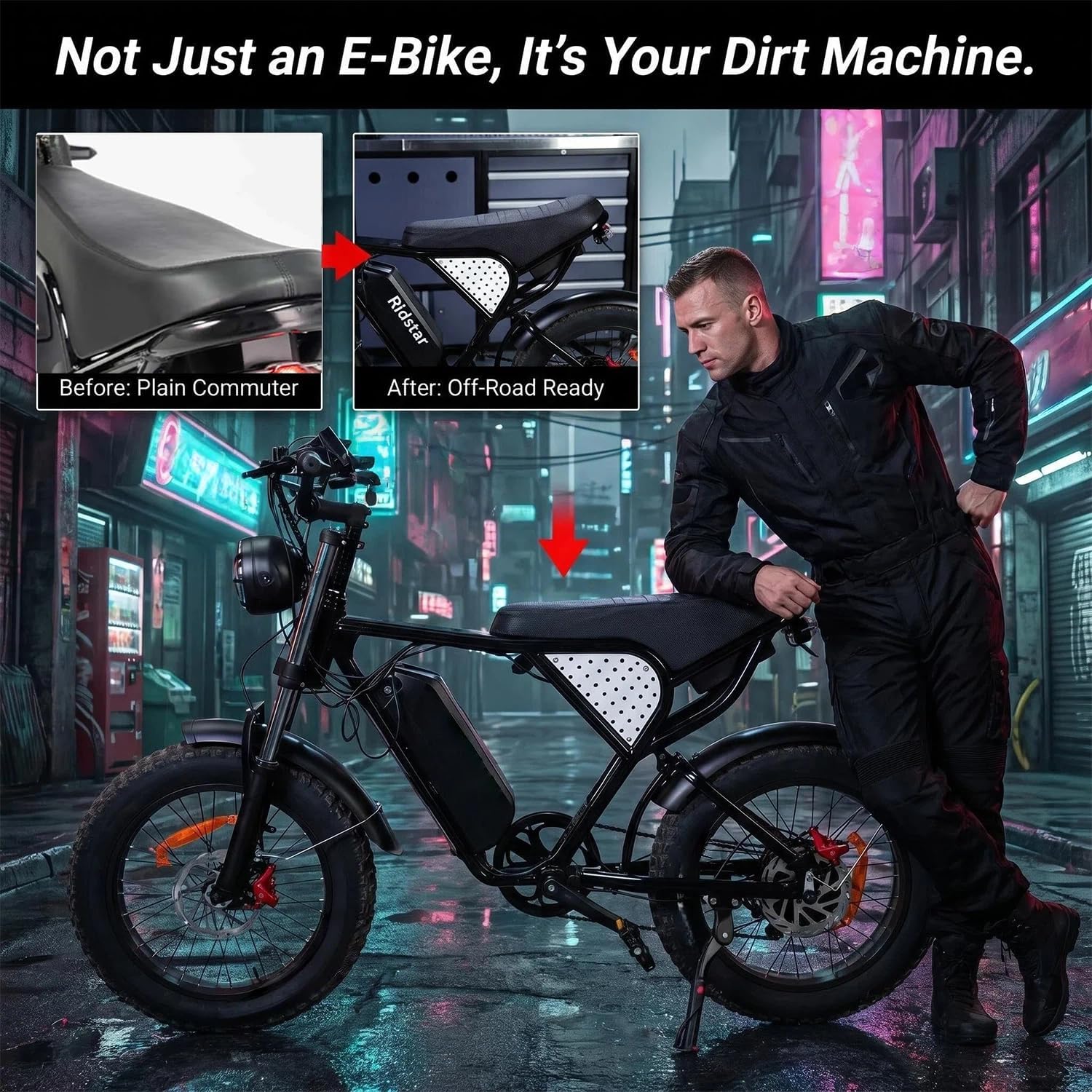 CHANGCHENG Ribbed Gripper Seat Cover for Ridstar Q20 YVY K20/Q20 E-Bike,Dirt Bike Style Non-Slip Waterproof PVC Leather Saddle Sleeve,Custom Fit Ebike Accessories for Q20 Pro/Plus YVY K20/Q20 -Black