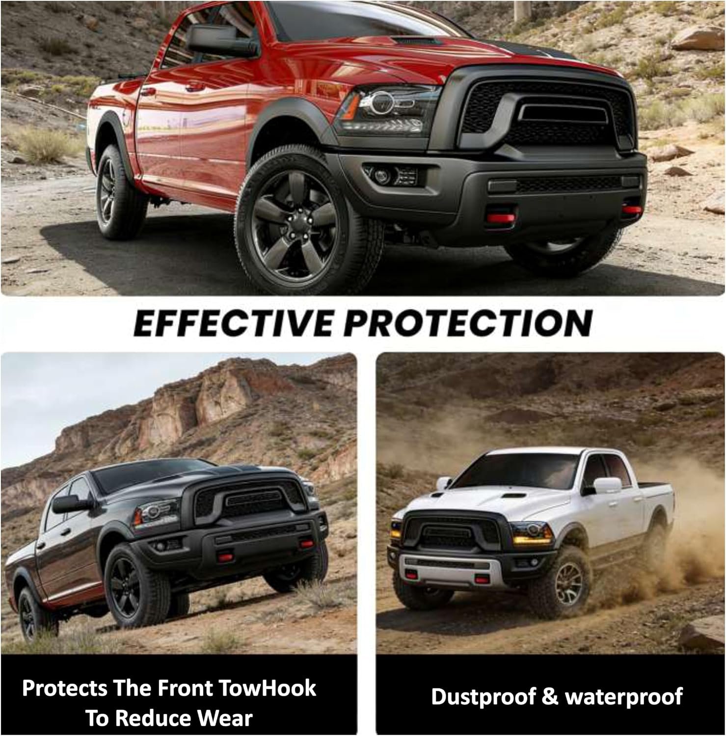 Tow Hook Covers for RAM 1500 Classic 2009-2026 Warlock Rebel, U-Shape, Thick Silicone Red