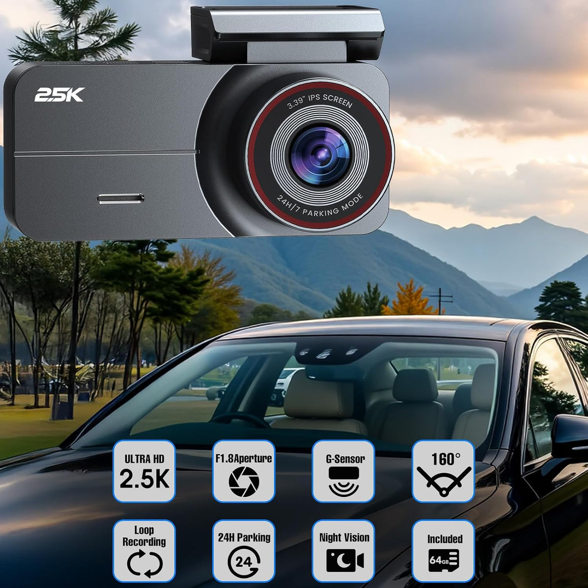 dash cam 2.5k front rear 64gb wifi gps on a desk or shelf